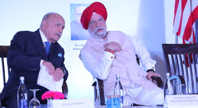 l r dr lalit bhasin, national president, iacc & petroleum and natural gas minister hardeep singh puri at 1st energy summit organised by indo american chamber of commerce